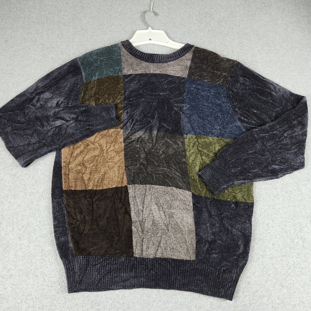 Falls Creek Sweater Mens Medium Multi Patchwork Chenille Knit Crewneck Pullover